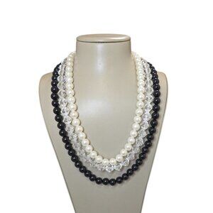 Women's Statement Beaded Triple Strand Black , Clear & Faux Pearl Necklace NWOT